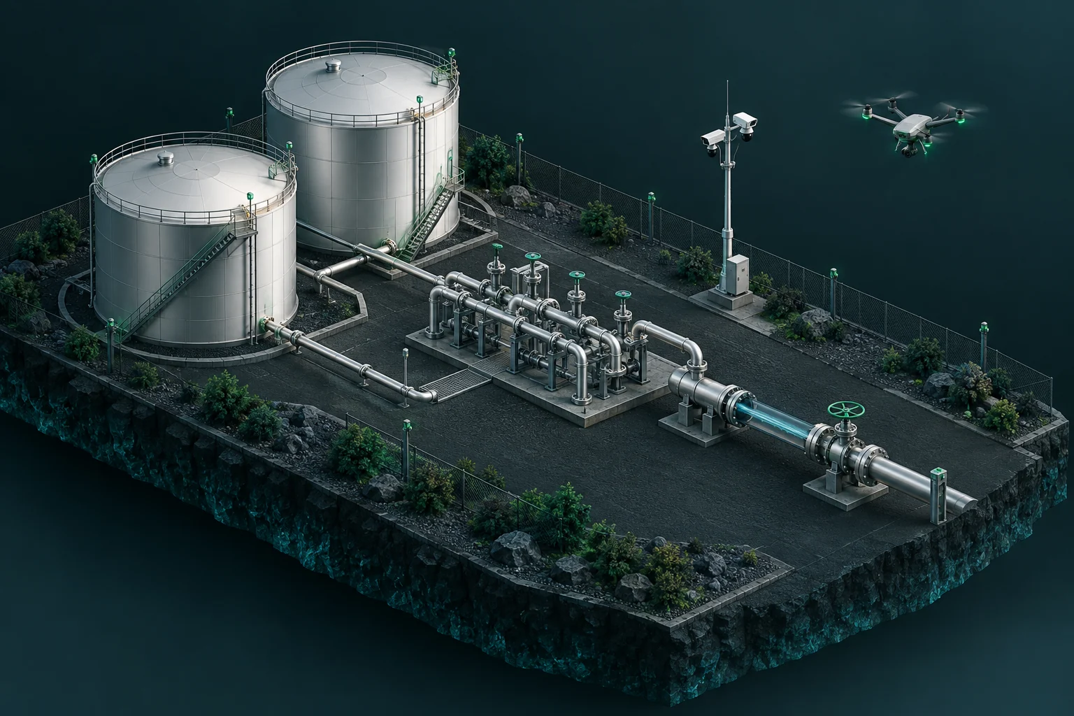 Illustrated tank and pipeline site combining sensing, fixed cameras and aerial inspection